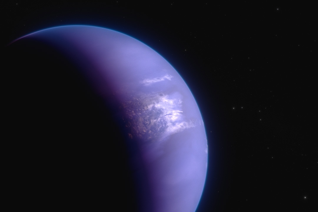 Blue planet lit by a star. Artist's concept of Hot Gas-Giant Exoplanet WASP-43 b