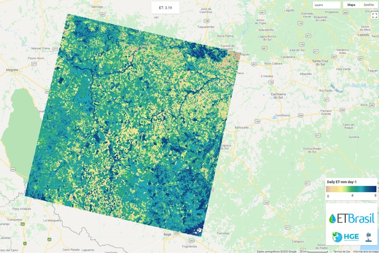 snapshot of a map overlaid with OpenET data