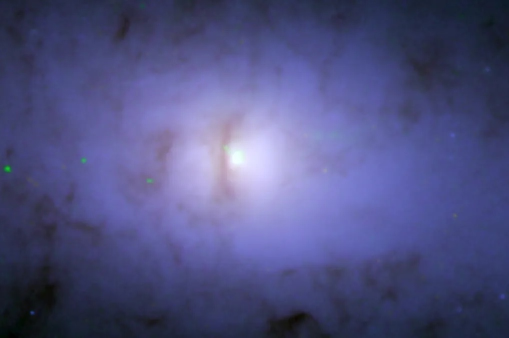 scene in space with black hole tipped vertically in center