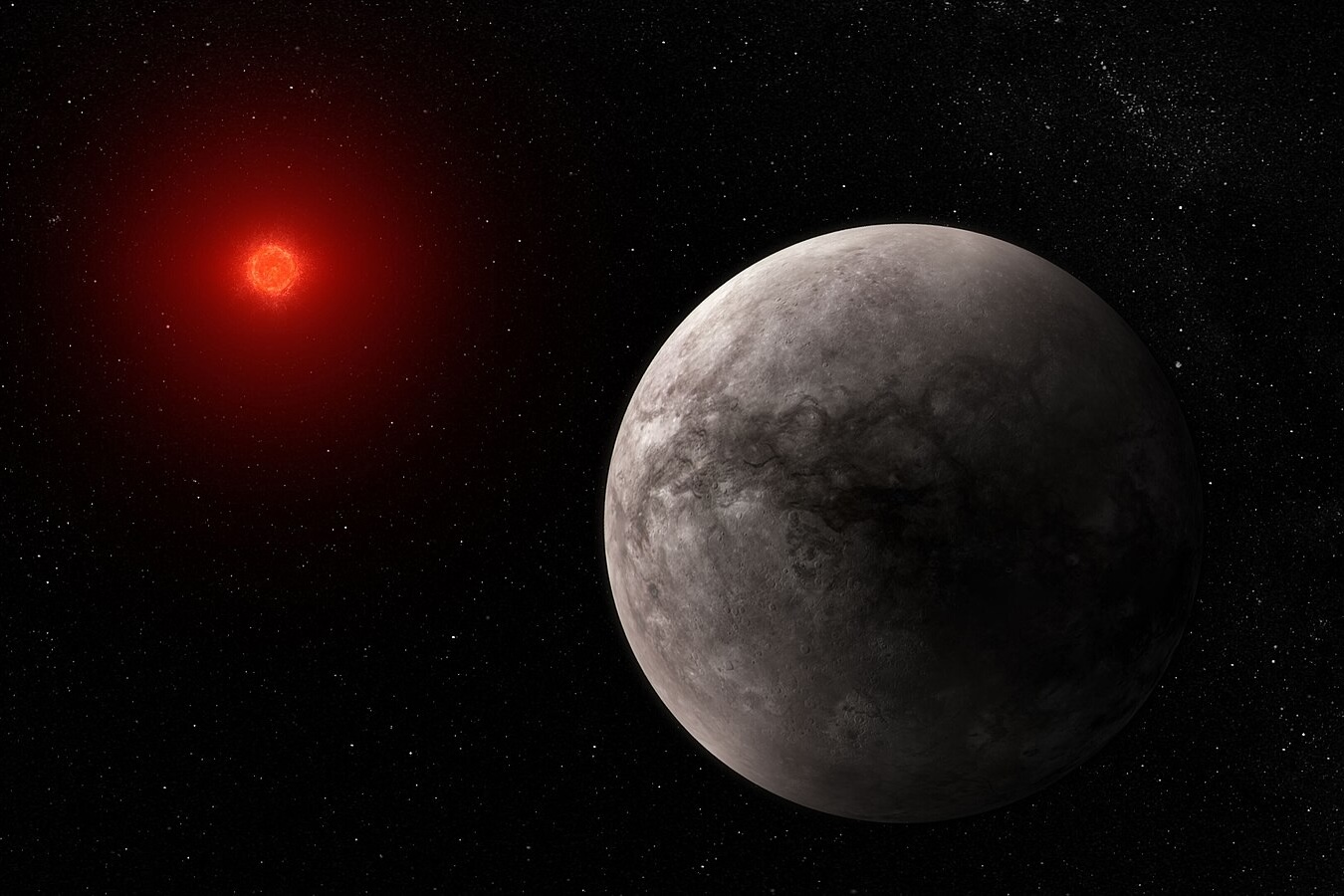 Artist's concept of a rocky planet with a red-dwarf sun in the distance.