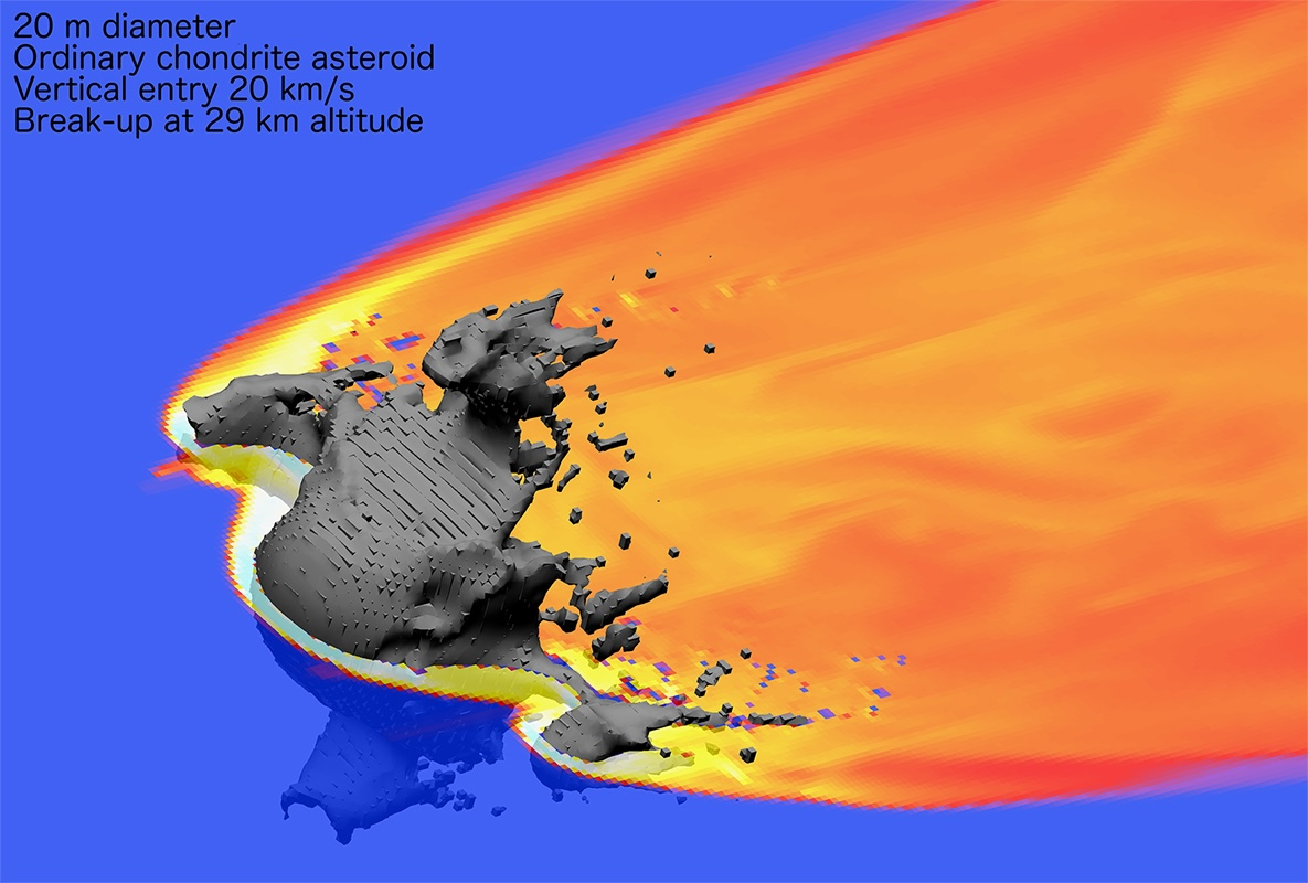 colorful representation of asteroid breaking up in Earth's atmosphere